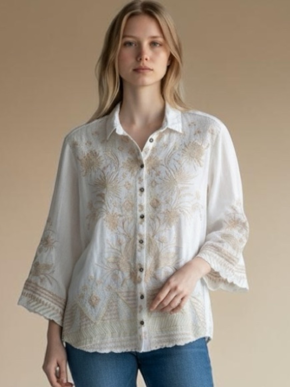 Johnny Was Boho Chic Women’s White Embroidered Button-Front Blouse Size M